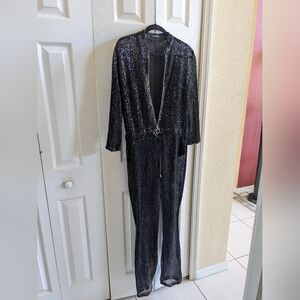 Black Sequin Jumpsuit with Zip Front